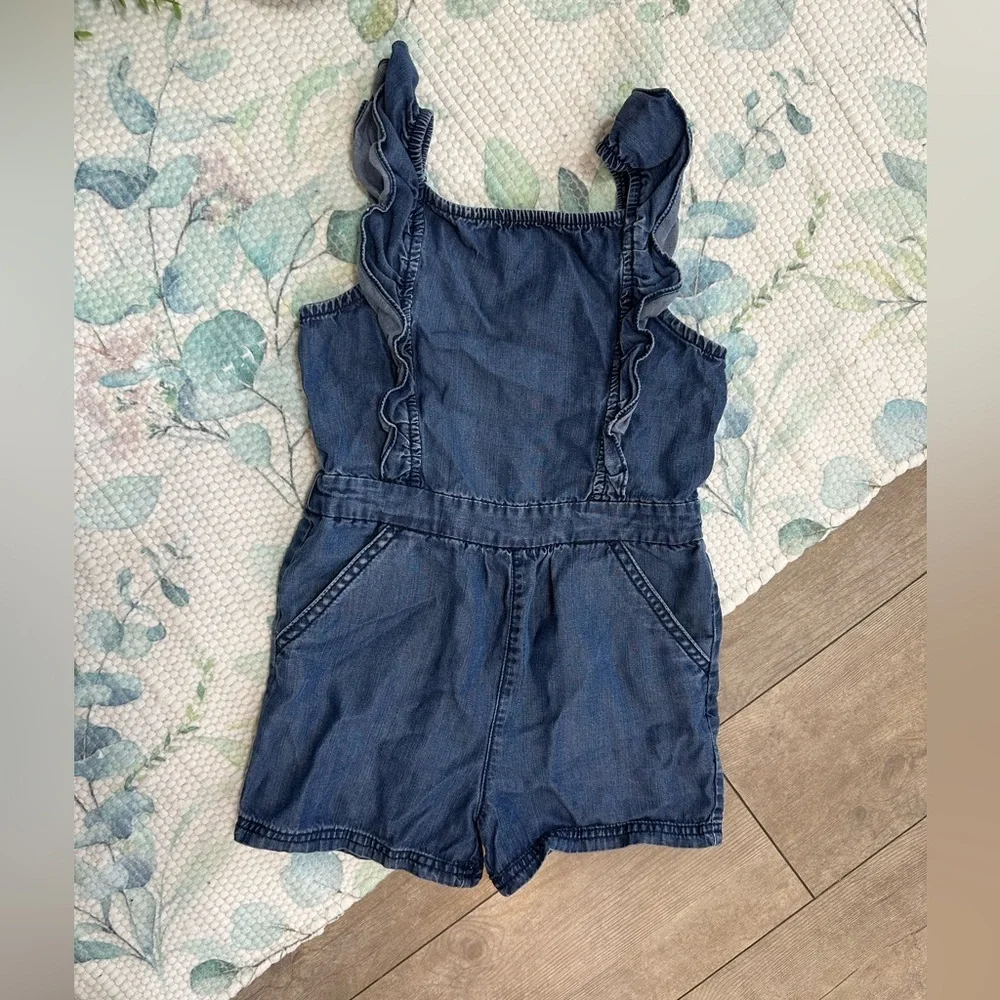 Vintage OshKosh B'gosh Toddler Girl Blue Denim Sleeveless Ruffle Smocked Romper